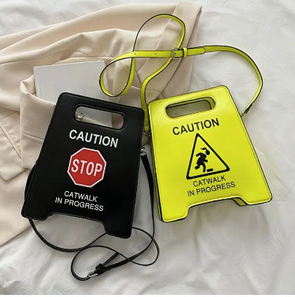 Faux Leather Black Warning Sign Crossbody Bag