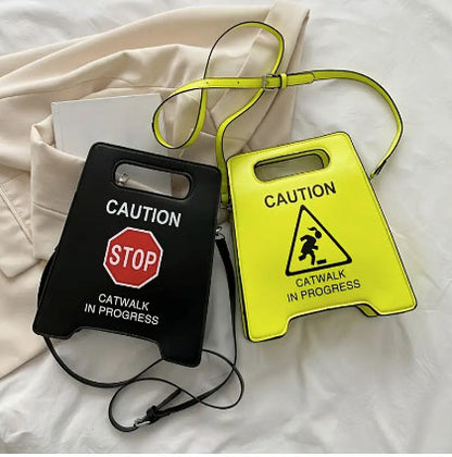 Faux Leather Black Warning Sign Crossbody Bag